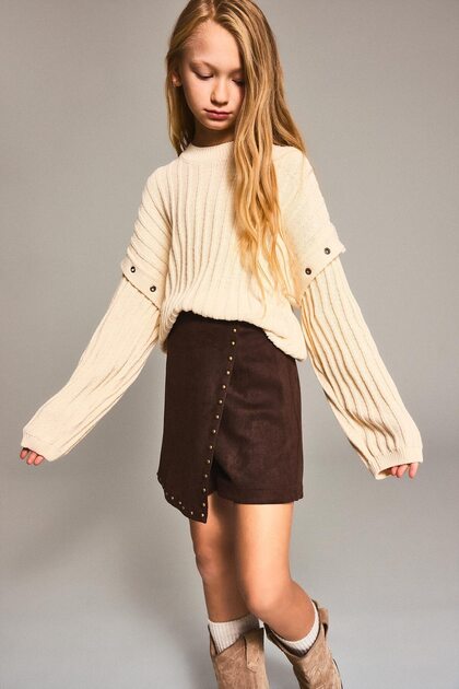 Crew Neck Ribbed Sleeve Detailed Basic Sweater for Girls I6229A826Wn