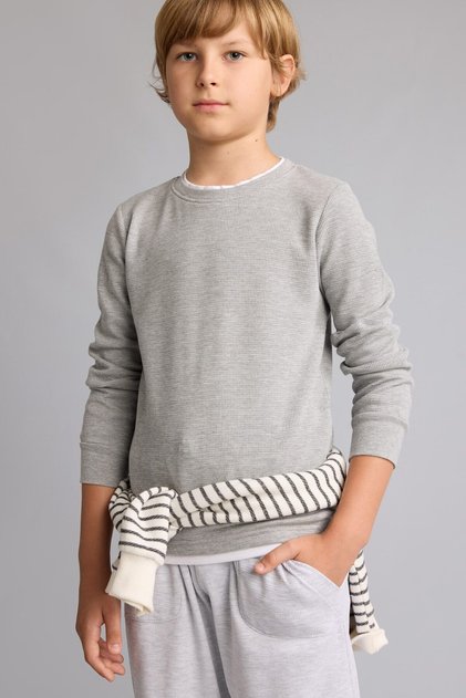 Crew Neck Basic Plain Waffle Long Sleeve School T-Shirt Boys V1186A625Au