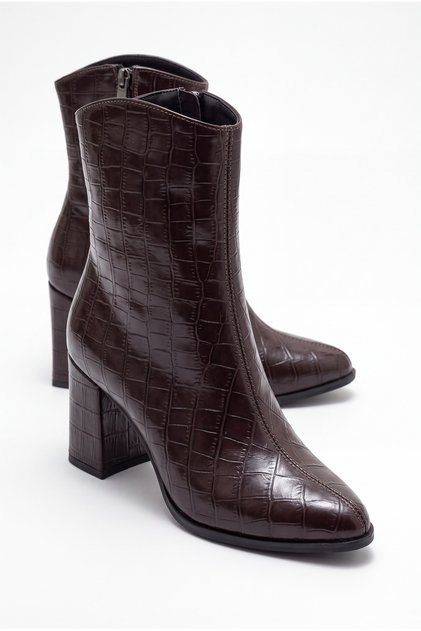 Women's Brown Winter Crocodile Patterned Classic Side Zipper Pointed Toe Thick Heeled Boots 143