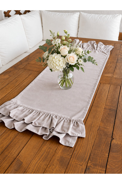 İnci Vintage Velvet Textured Seamless Stone Color Ruffle Runner