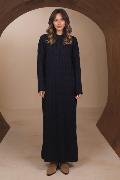 Women's Maxi Length Hair Knitted Embossed Textured Hijab Knitwear Dress 8501 Navy Blue