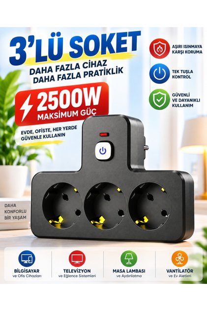 3'lü Termal Akım Korumalı Topraklı Bakır İletken Çoklu Priz 2500W Açma/Kapama Anahtarlı Alev Yüksek Isıya Dayanıklı Grup Priz Uzatma