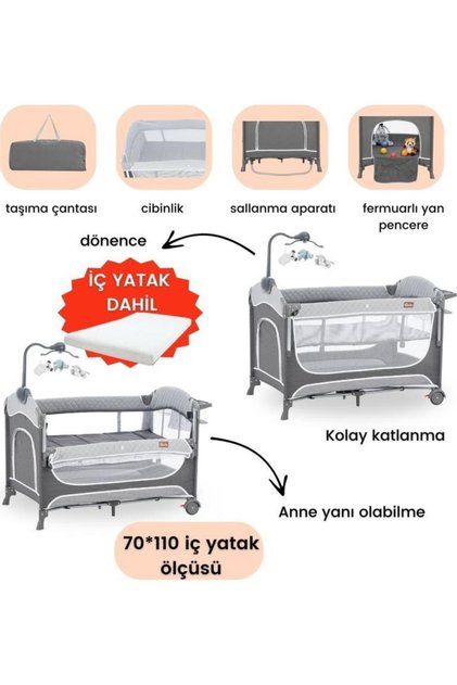 Atlas Plus Anne Yanı Sallanır Cibinlikli Dönenceli Oyun Parkı Bebek Beşik 70X110 Cm + Yataklı Dark Grey