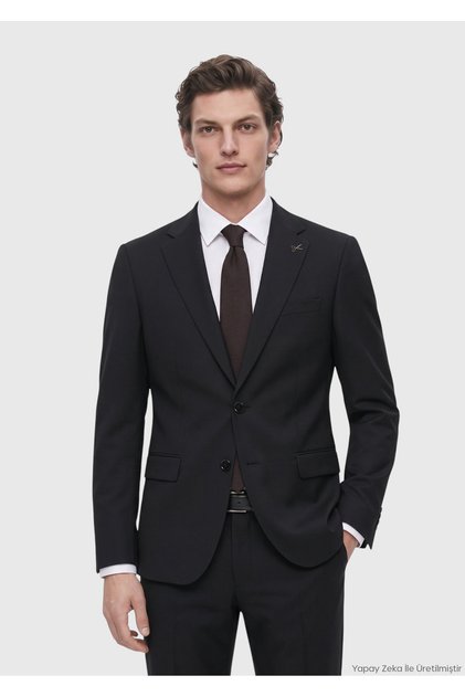 Siyah Düz Thin&taller Slim Fit %100 Yün Takım Elbise