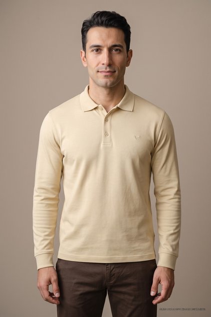 Tricou casual pentru bărbați cu mânecă lungă basic bej cu guler polo