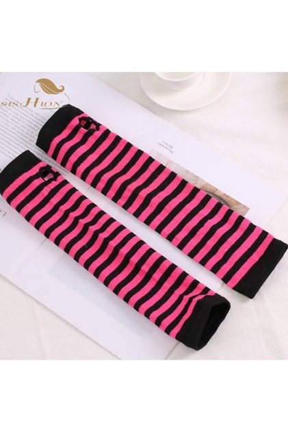 Cut Finger Double Black Pink Striped Oversleeve Gloves