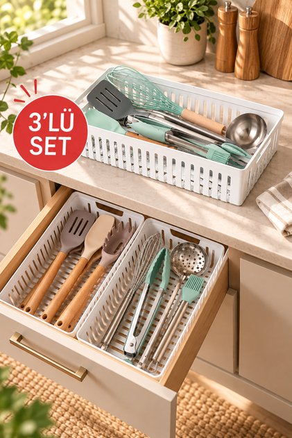 3'lü Set Organizer - 3 Adet Çekmece İçi Bıçaklık & Kaşıklık, Kepçelik Organizer. Dolap İçi Düzenleyici