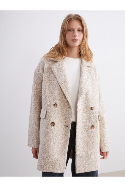 Nevavm Farkıyla Lcw Vision Beige Double-Breasted Collar Oversize Women's Cashmere Coat