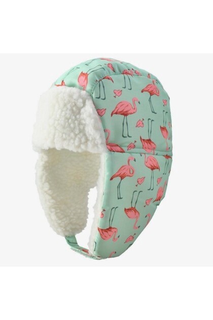 Waterproof Warm Girls' Beret with Fur Inside Mint Pink Flamingo Patterned Ski Snowboard Hat