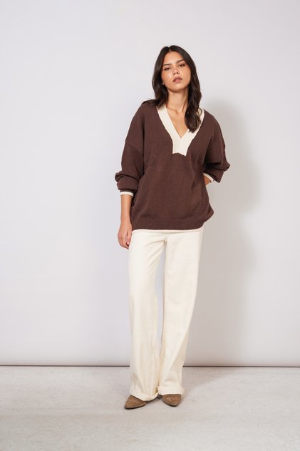Contrast Color V-Neck Tricot Sweater Brown-Raw Ecru