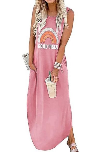 Rochie maxi fara maneci cu imprimeu grafic Good Vibes pentru femei, roz, marime L, Ykomow