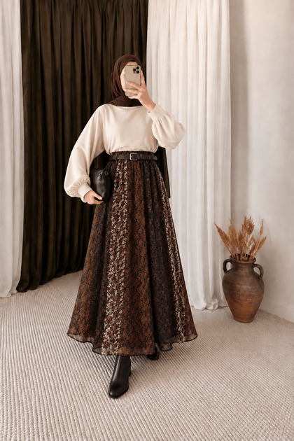 Leather Belted Transitional Chiffon Skirt - 2239 - Bitter Brown