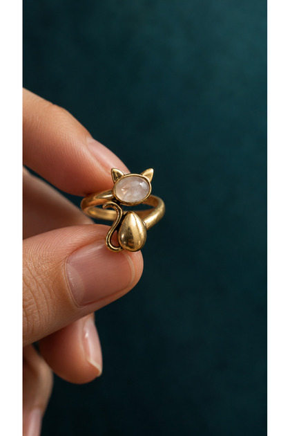 Pink Quartz Natural Stone Adjustable Vintage Cat Motif Women's Copper Ring