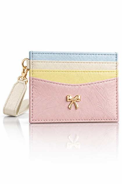 Women's Card Holder Wallet with Gold Bow Detail, Wrist Strap, Slim Design and Cash Compartment