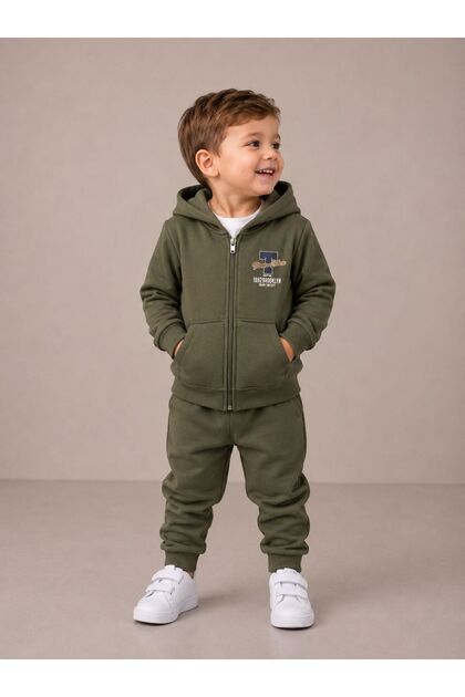Basic Patterned Hooded Kangaroo Pocket Zippered Printed Boy's Cardigan/Elastic Waistband Sweatpants 3-Piece Set
