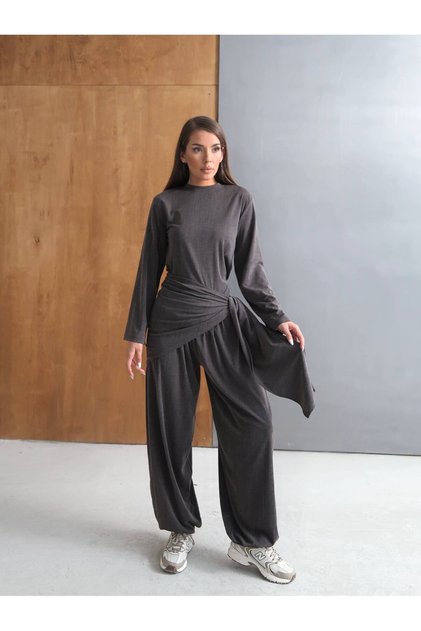 Women's Vera Imported Denim Effect Cupra Tencel Detachable Belted Bottom and Top Set with Leg Stoppers