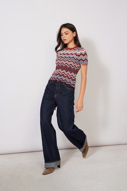 Zigzag Patterned Short Sleeve Crewneck Tricot Sweater Cinnamon