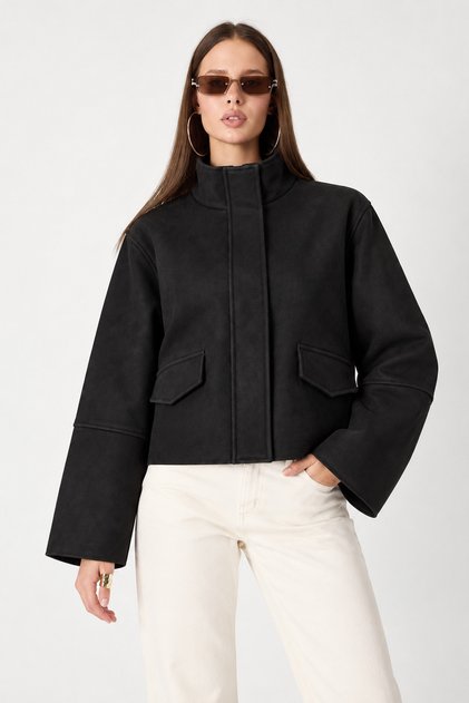 Women's Stand Collar Oversized Short Suede Jacket with Hidden Zipper and Flap Pockets