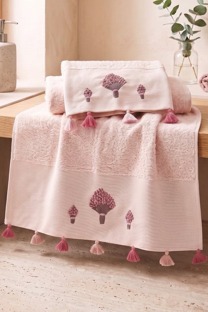 Tasseled and Embroidered Bath Towel Set |   70X140 cm Bath Towel, 50X90 cm Hand-Face-Hair Towel |   100% Cotton Hammam Set |   Dowry Box, Premium Set