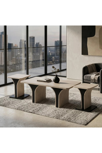 طقم طاولات خشبية بتصميم أنيق ــ بيج واسود ــ 120*60*45 سم، 45*45*55 سم
