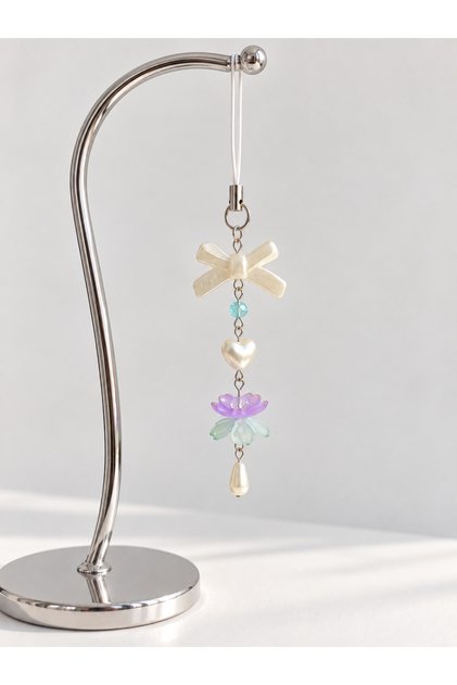 Pearl Bow and Lilac Flower Phone Charm, Cream Heart Beaded Phone Strap, Bag and Camera Decoration