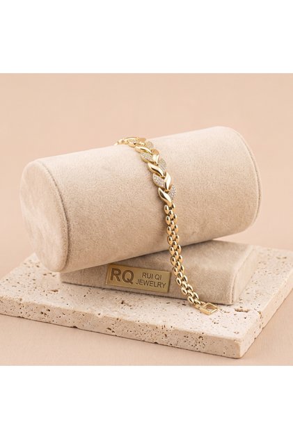 Rui Qi Jewelry Vip Series 316L Steel Gold Color Center Zircon Stone Leaf Motif Chain Bracelet 18.5 cm