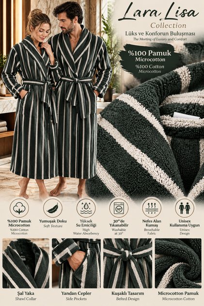 Microcotton Shawl Collar Hidden Pocket Special Soft Cotton Yarn Unisex Women's Men's Striped Bathrobe