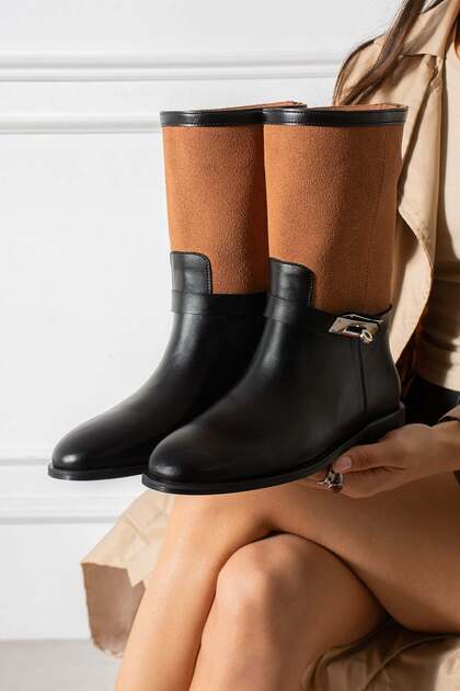 Frost Women's Tan Skin and Leather Powder Garnished Metal Buckle Detailed Warm Lining Non-Slip Sole 3 cm Heel
