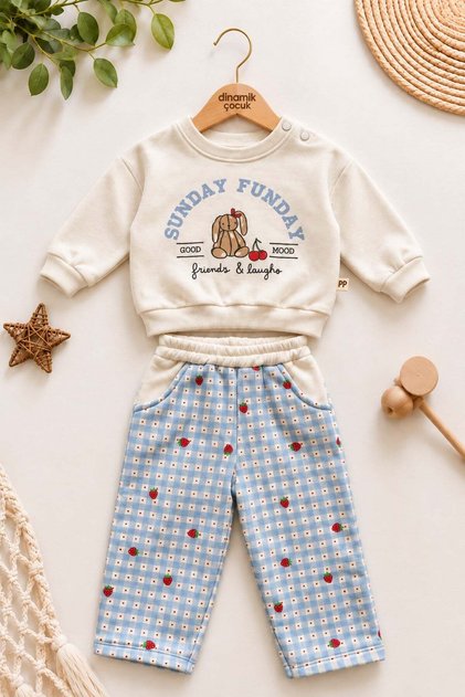 Girl baby 3-thread fleece rabbit print strawberry patterned plaid tracksuit 2-piece set winter 6-24 months