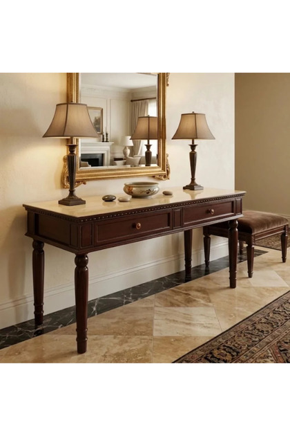 Wooden Console Table with a Luxurious and Distinctive Design with Marble Alternative Surface - Brown and Beige - 120X40X90 cm
