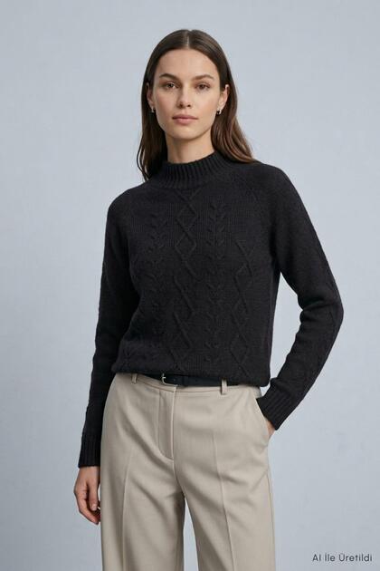 High Collar Knitted Crop Sweater 2585 Black