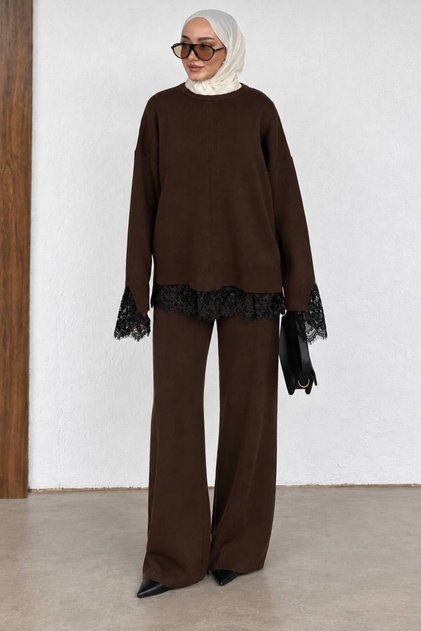 Women's Brown Lace Detailed Knitwear Set