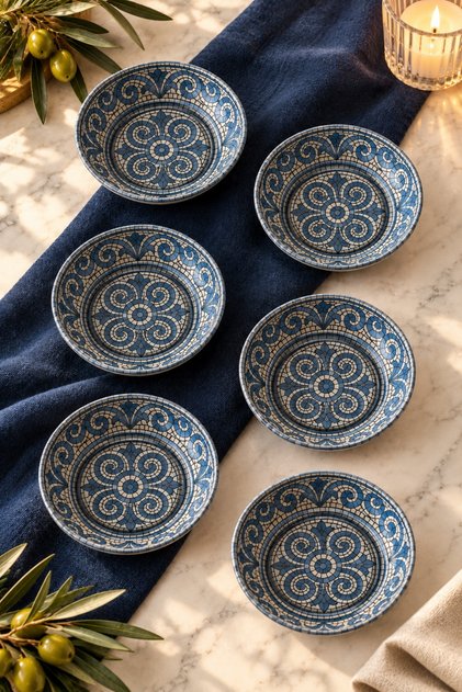 6-Piece Metal Snack Bowl Set 10 cm Navy Blue Mosaic Patterned Nut Breakfast and Sauce Bowl