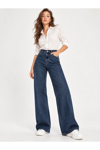 Women's Dark Blue High Waist Palazzo Jean Trousers