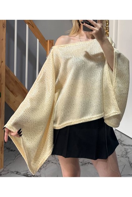 Trendy Shiny Sequin Cape Blouse