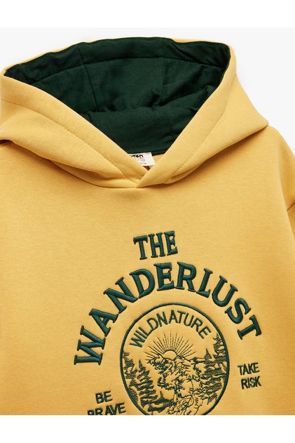 Nakışlı Şardonlu Uzun Kollu Oversize Kapşonlu Sweatshirt