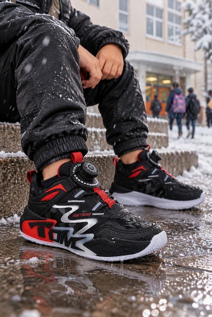 Boy's Black Red Mechanism Sports Shoes Thick White Sole Casual Comfortable Sneaker