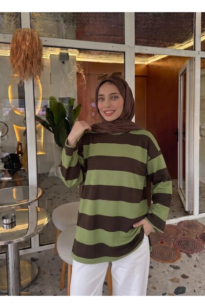 Çizgili Yanı Yırtmaçlı Rahat Kalıp Tunik Bluz Haki