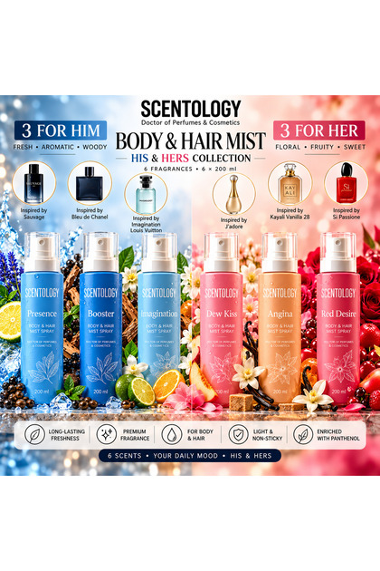 Scentology His & Hers Body & Hair Mist Collection – 3 For Him + 3 For Her – 6 × 200 ml