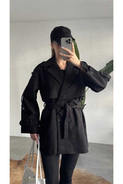Women's Black Medium Length Cashmere Coat with Belt, Double Breasted Collar, Cape Detail, Short Coat