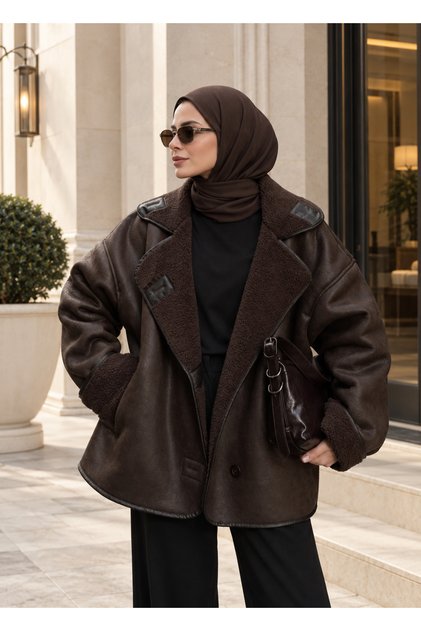Kadın Premium Bronz Süet Dokulu İçi Peluş Oversize ZR Model Mont Ceket