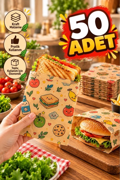 50 Adet Desenli Tost Ve Sandviç Kağıdı Hamburger Atıştırmalık Kağıdı Kese Kağıdı