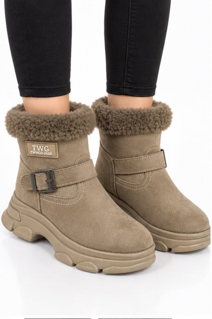 Women's nubuck ankle boots with faux fur lining, cold weather protection, and side buckle detail - kum