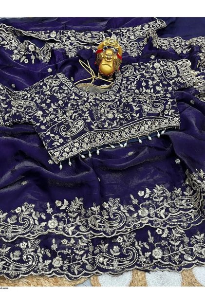 Blue Fendy Satin Designer Party-Wear Saree - KTS9914 | Blue