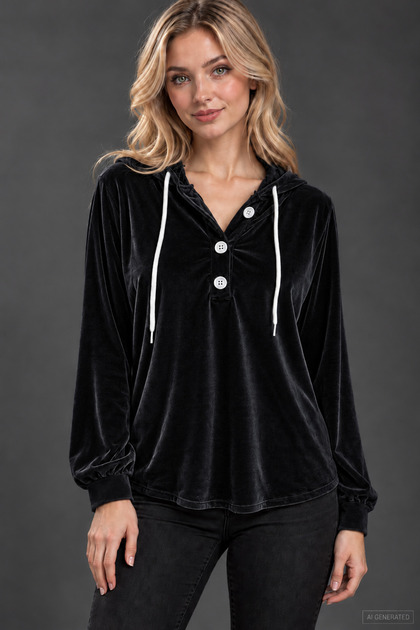 Velvet Texture, Hooded Style - Women's White Button Detailed Long Sleeve Hooded Velvet Blouse