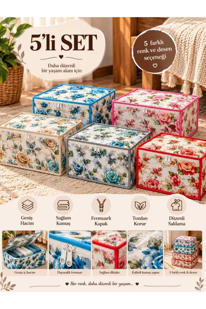 Home Series Çiçek Desen Fermuarlı 5'li Mini Kazak Hurcu 50x35x25