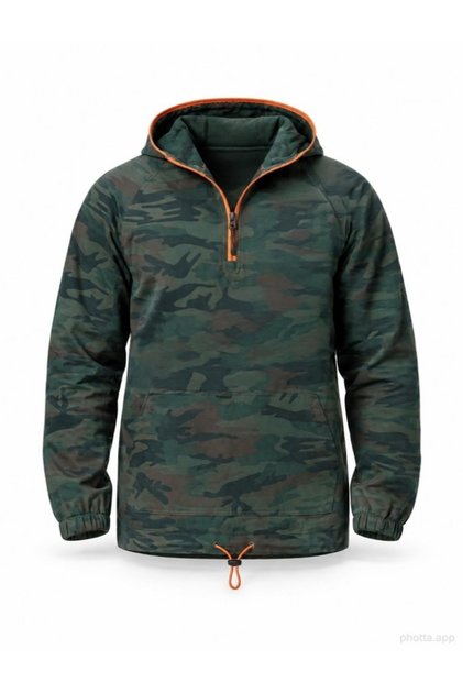 Hooded Half-Zip Camouflage Denim Kangaroo Jacket