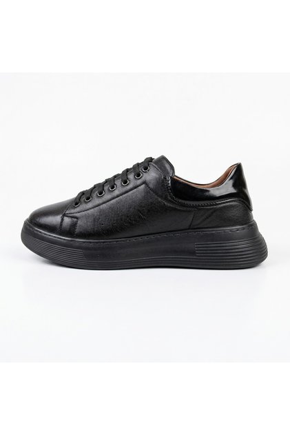 Hakiki Deri Siyah Renk Bağcıklı Günlük Casual Spor Sneaker Ayakkabı