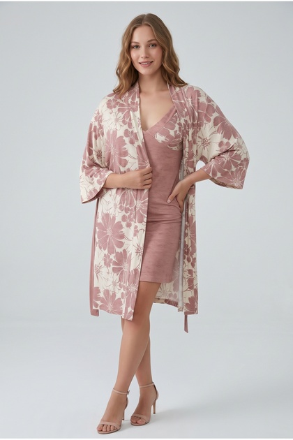 Women's Dusty Rose Floral Patterned Dressing Gown and Strap Mini Dress Double Home Wear Set