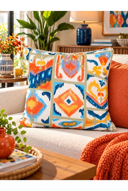 Bohemian Cushion Cover with Ikat Pattern 43X43 cm - Orange Blue Geometric Patterned Double-Sided Printed Ribbed